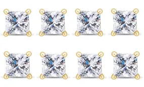 14k Yellow Gold Plated 4mm 4Ct Princess Cut White Sapphire Set Of Four Stud Earrings