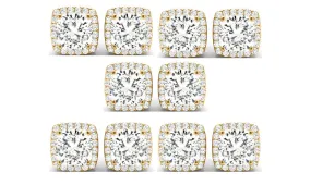 18k Yellow Gold 4mm 3Ct Cushion Cut White Sapphire Set Of Five Halo Stud Earrings Plated