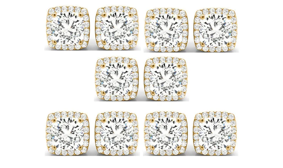 18k Yellow Gold 4mm 4Ct Cushion Cut White Sapphire Set Of Five Halo Stud Earrings Plated