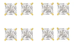 18k Yellow Gold Plated 3Ct Square Cut White Sapphire Set Of Four Stud Earrings