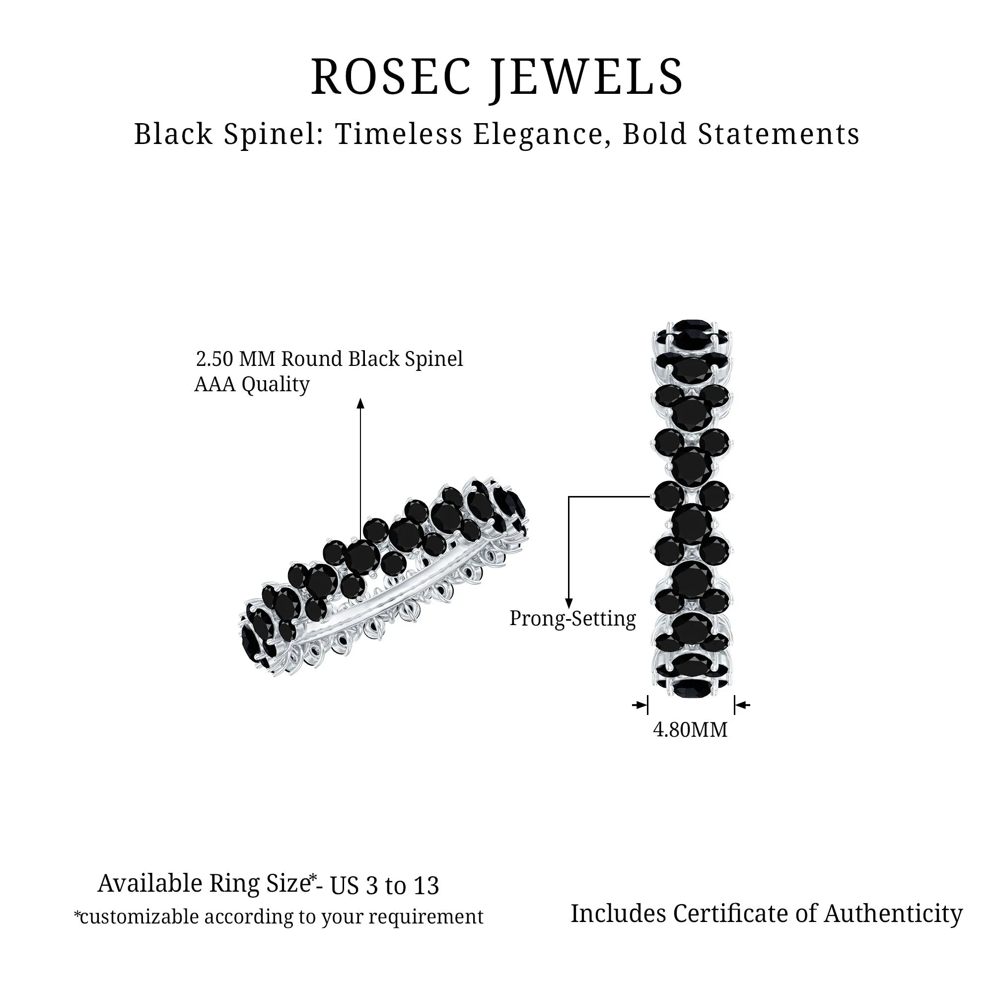 2.75 CT Prong Set Black Spinel Full Eternity Band Ring
