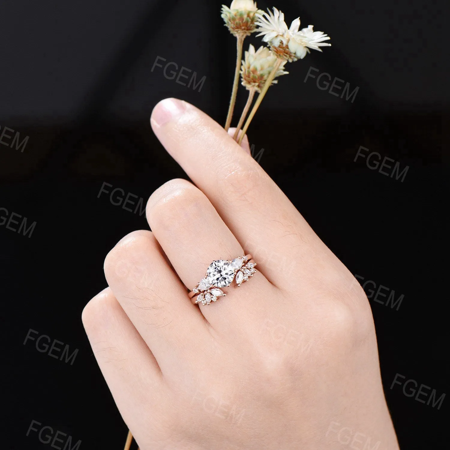 7mm Round Moissanite Engagement Ring Unique Marquise Moissanite Bridal Set Moissanite Wedding Ring Women Gift