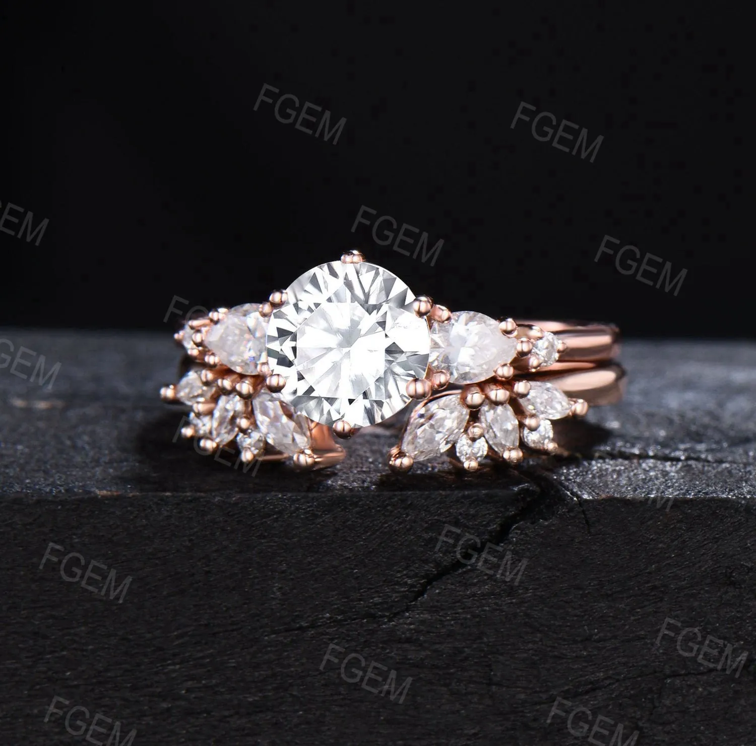 7mm Round Moissanite Engagement Ring Unique Marquise Moissanite Bridal Set Moissanite Wedding Ring Women Gift