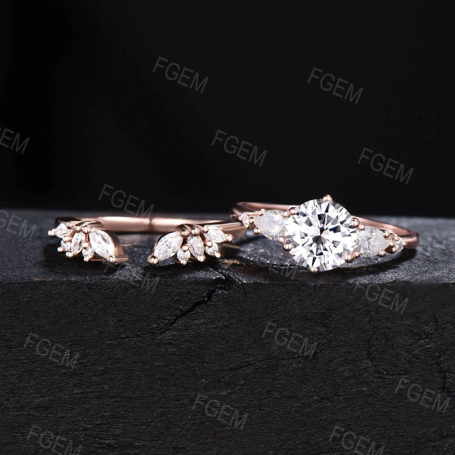 7mm Round Moissanite Engagement Ring Unique Marquise Moissanite Bridal Set Moissanite Wedding Ring Women Gift