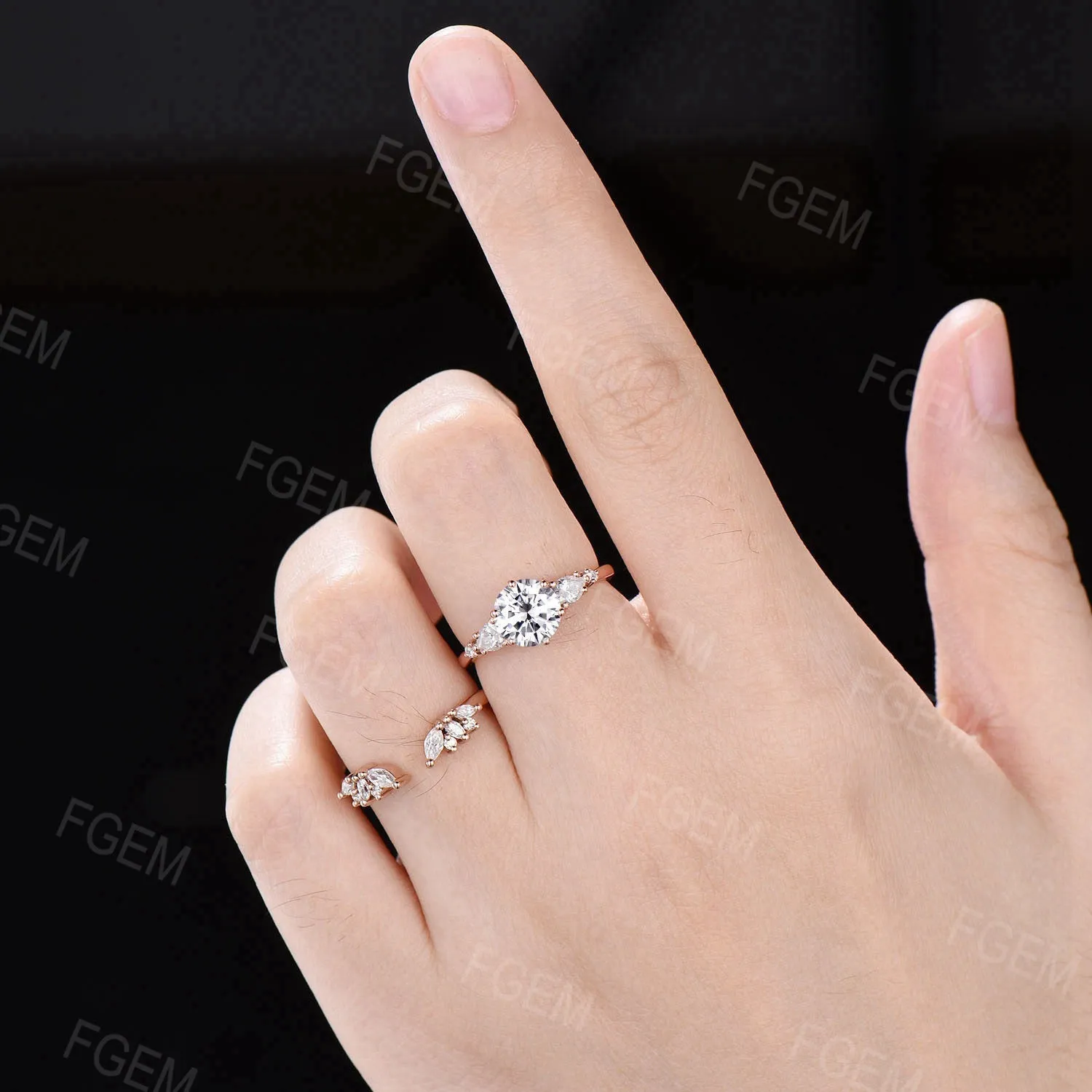 7mm Round Moissanite Engagement Ring Unique Marquise Moissanite Bridal Set Moissanite Wedding Ring Women Gift