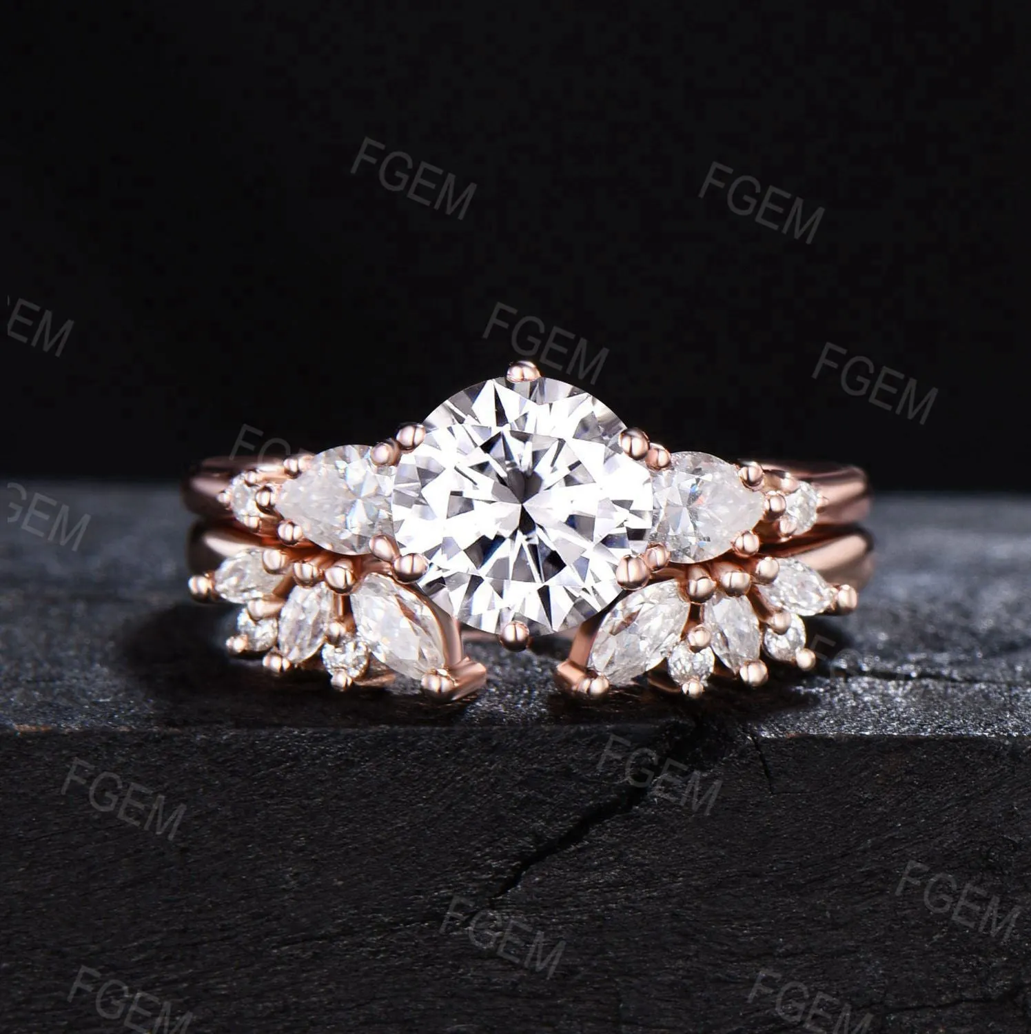 7mm Round Moissanite Engagement Ring Unique Marquise Moissanite Bridal Set Moissanite Wedding Ring Women Gift