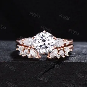 7mm Round Moissanite Engagement Ring Unique Marquise Moissanite Bridal Set Moissanite Wedding Ring Women Gift