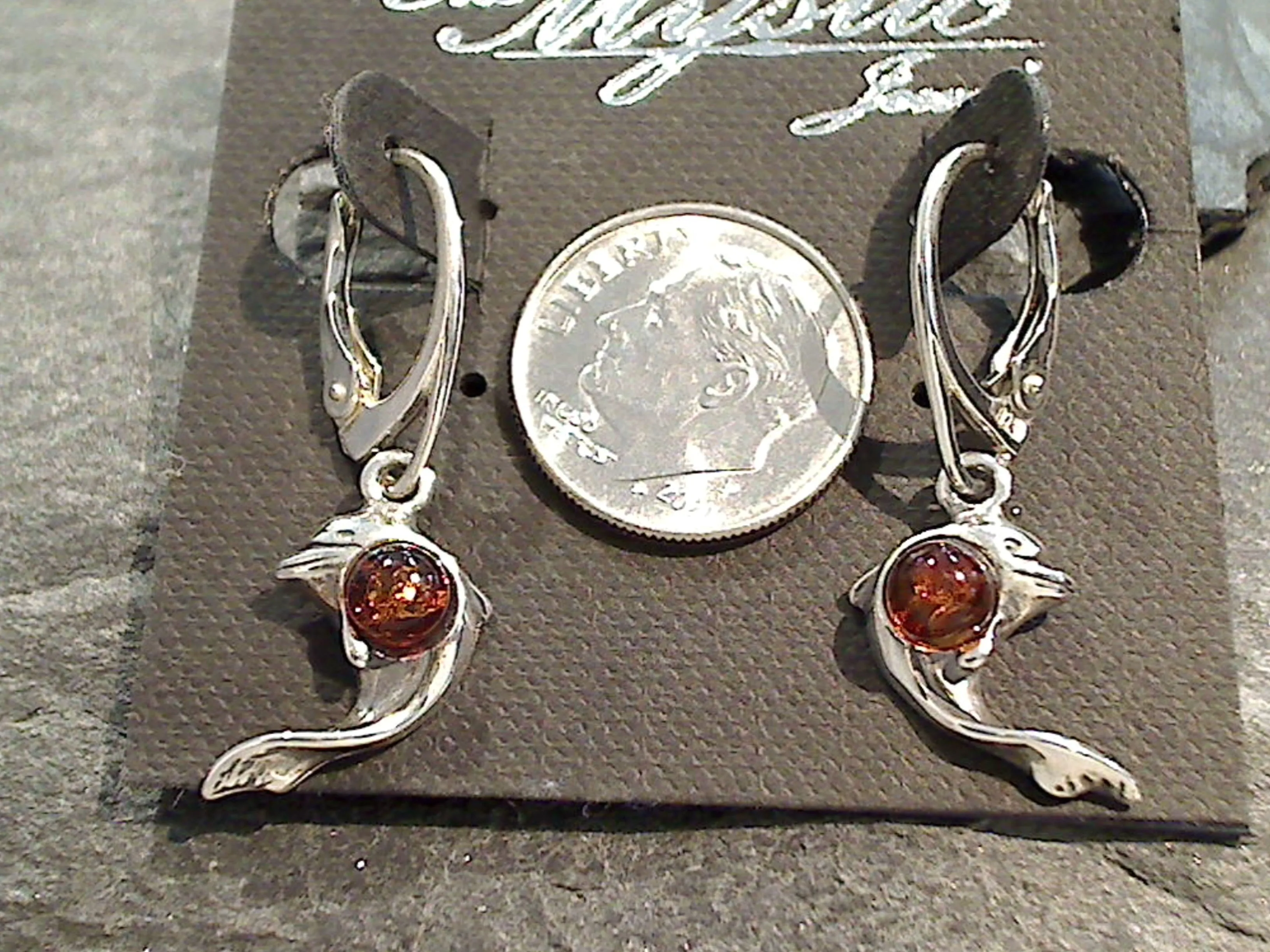 Amber, Sterling Silver Dolphin Earrings