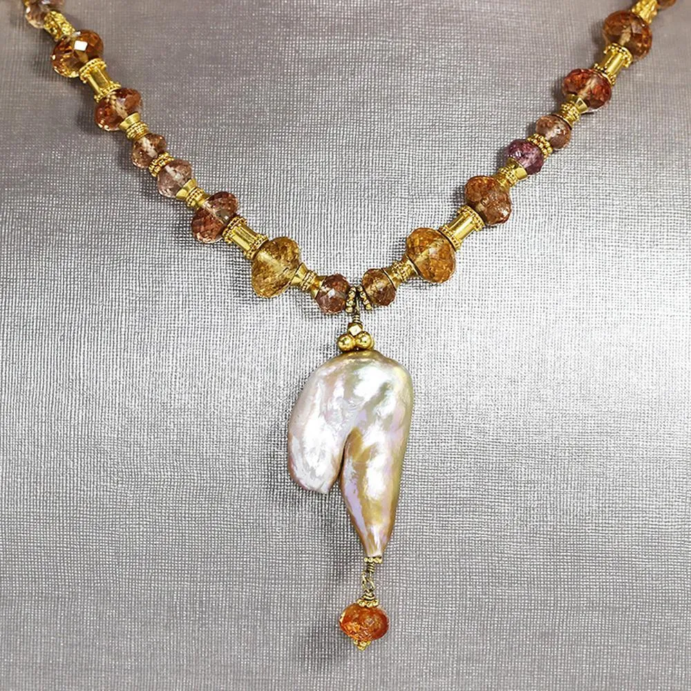 Baroque Pearl Pendant Necklace with Gemstone's 18K