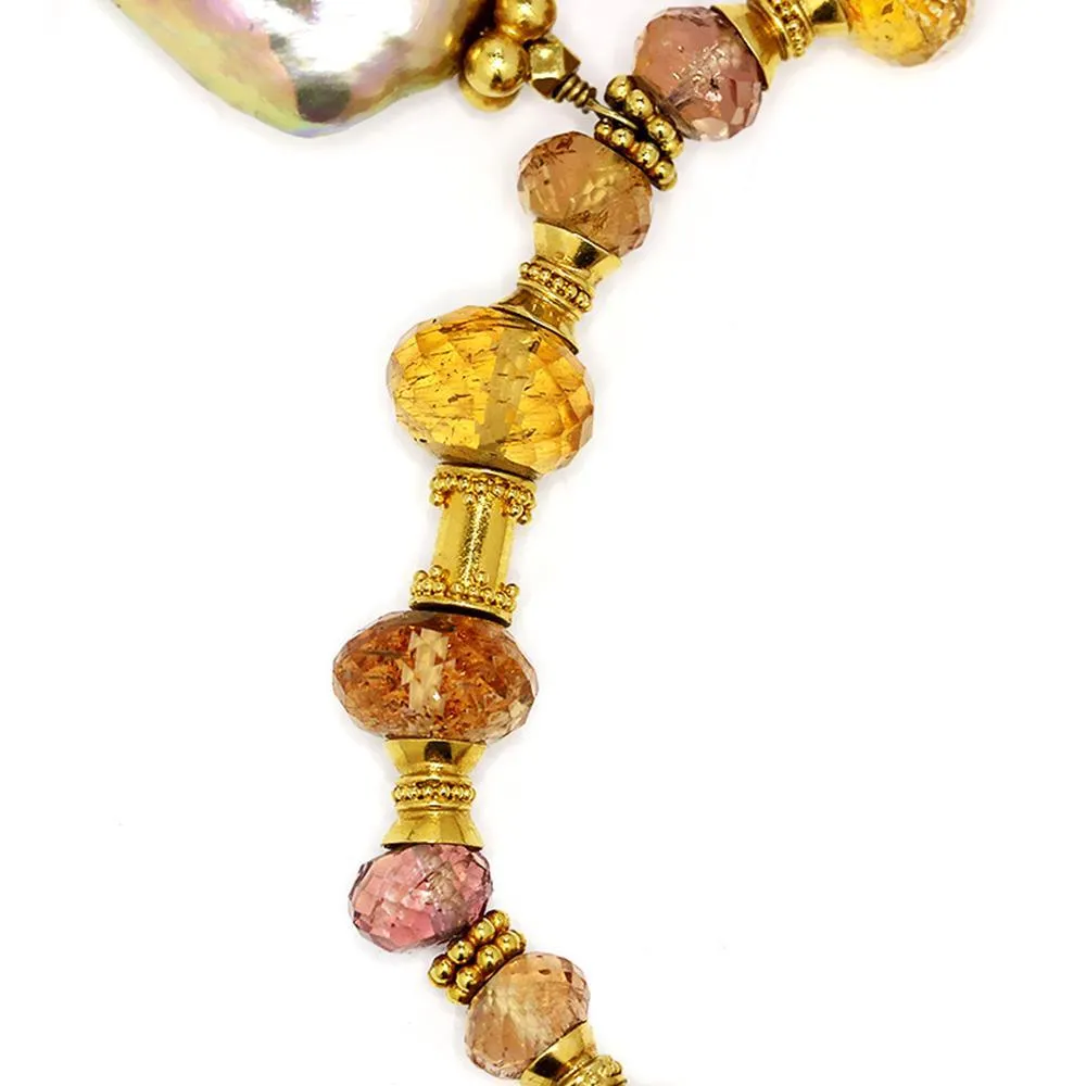 Baroque Pearl Pendant Necklace with Gemstone's 18K