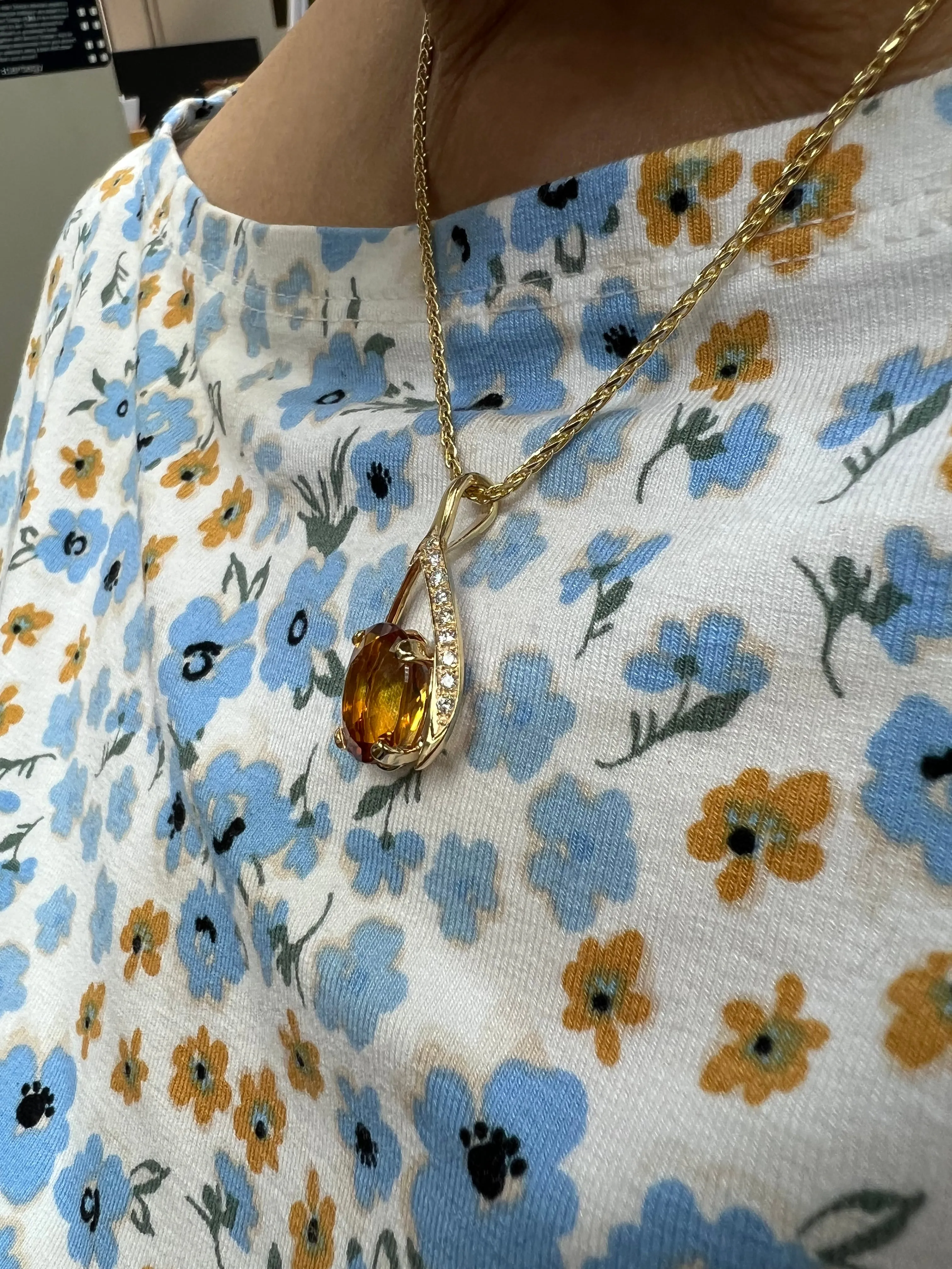 Citrine Diamond Yellow Gold Wishbone Pendant Necklace