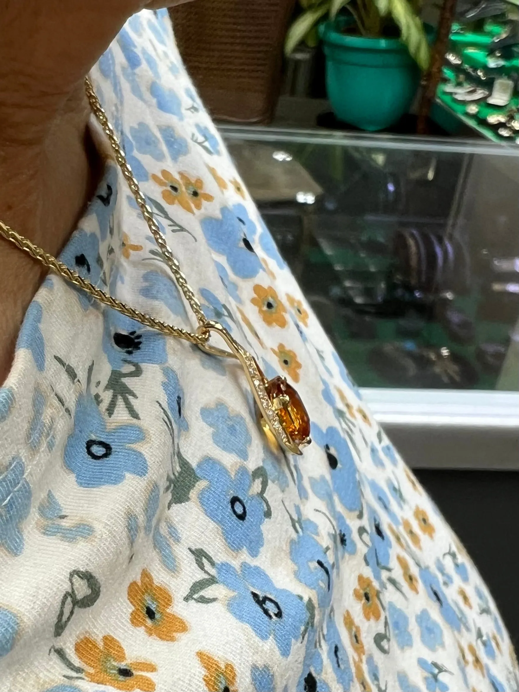 Citrine Diamond Yellow Gold Wishbone Pendant Necklace