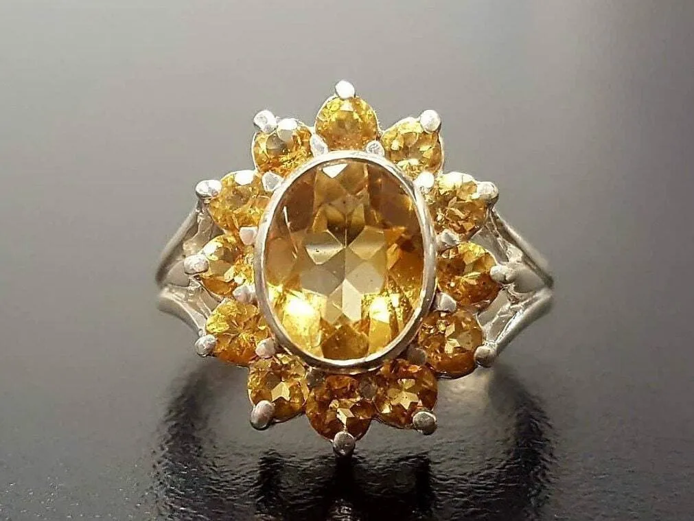 Citrine Flower Ring - Yellow Sun Ring - Natural Citrine Ring