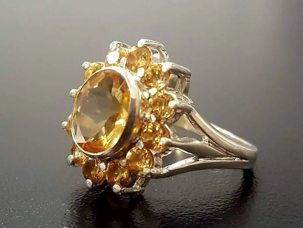 Citrine Flower Ring - Yellow Sun Ring - Natural Citrine Ring