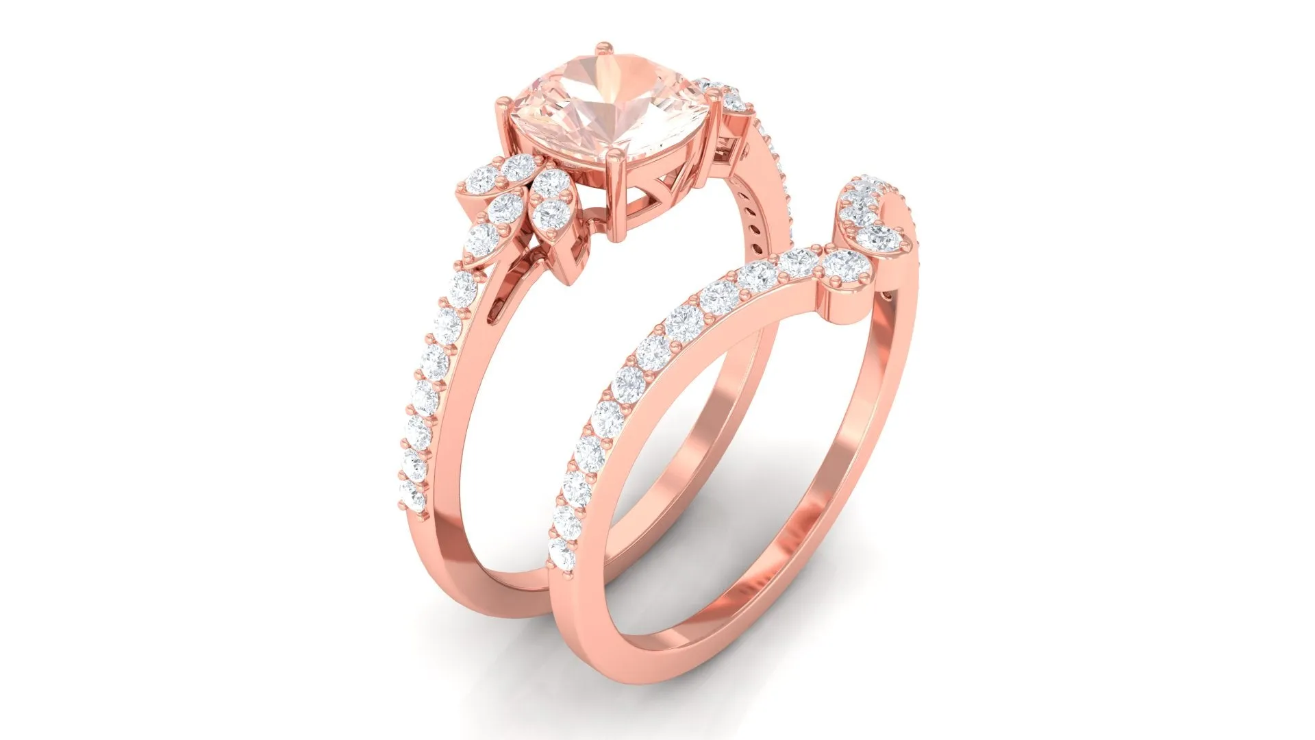 Cushion Cut Morganite and Diamond Bridal Ring Set