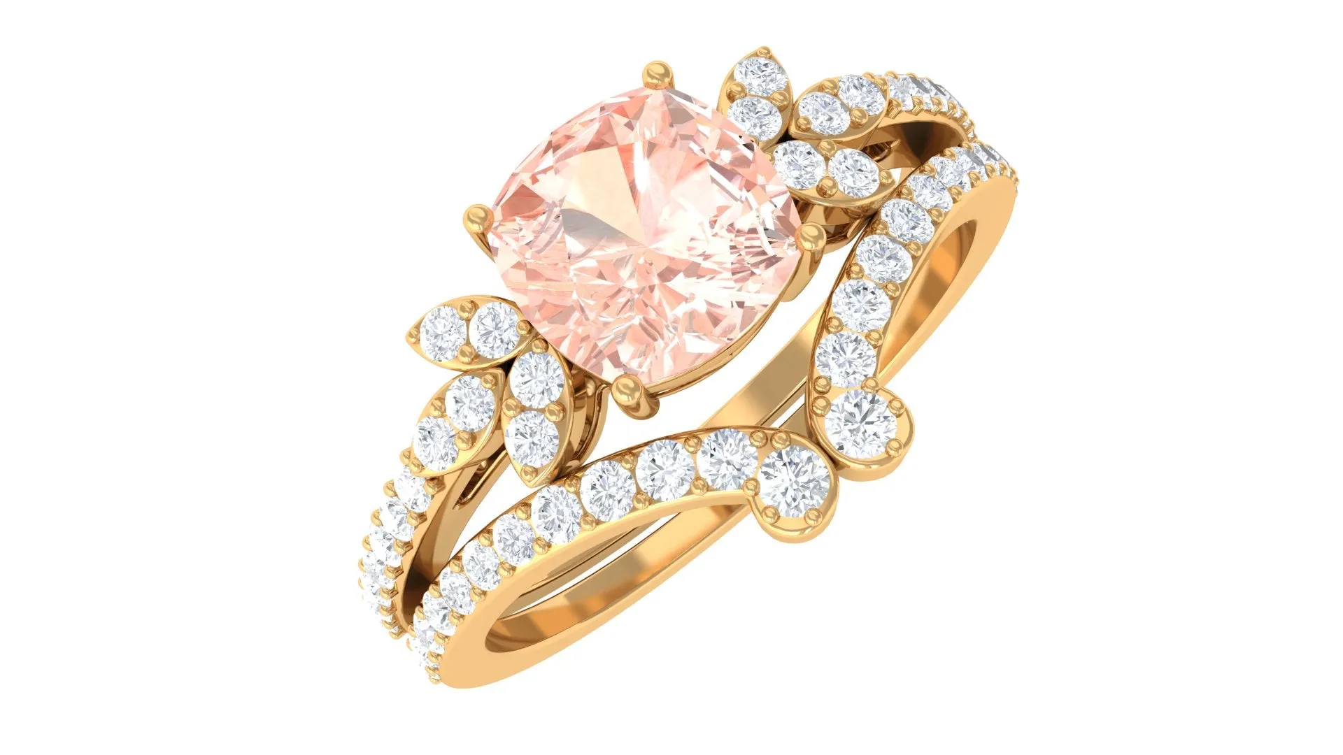 Cushion Cut Morganite and Diamond Bridal Ring Set