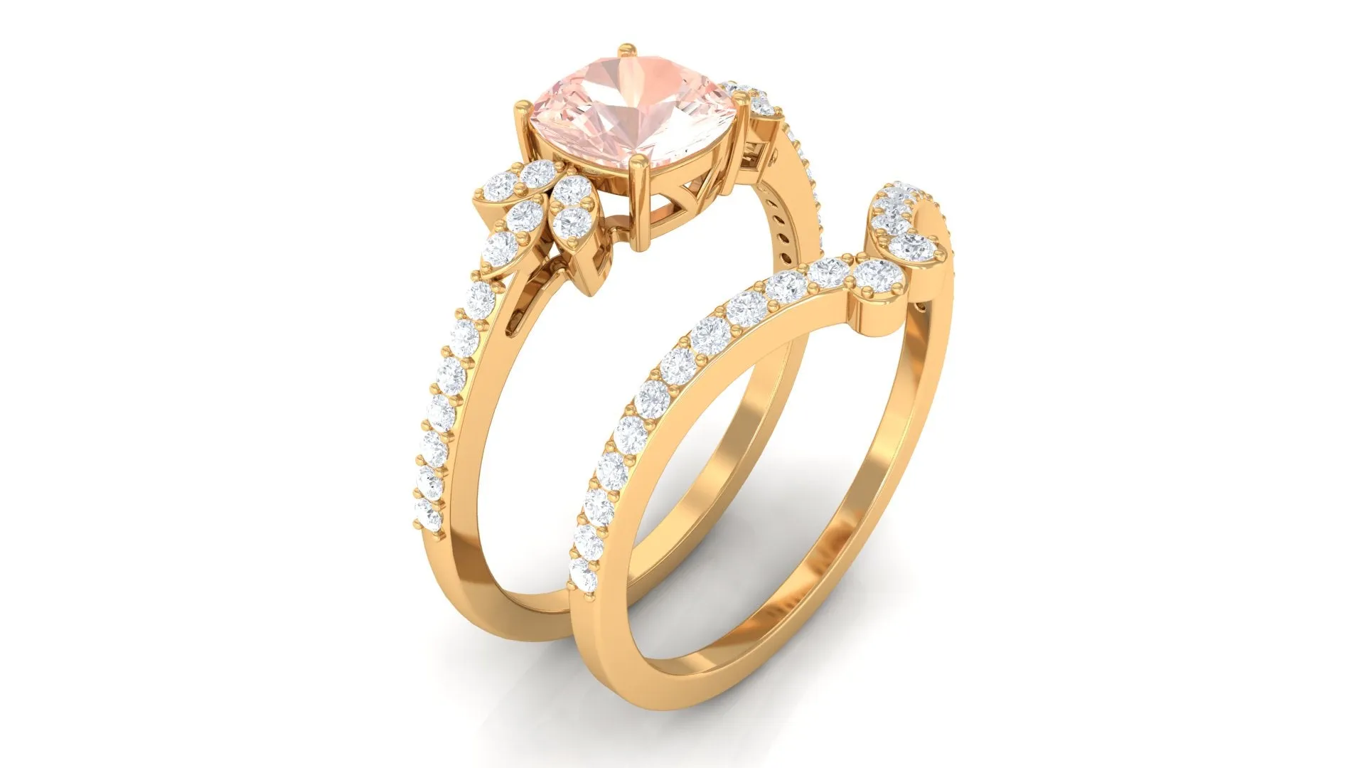 Cushion Cut Morganite and Diamond Bridal Ring Set