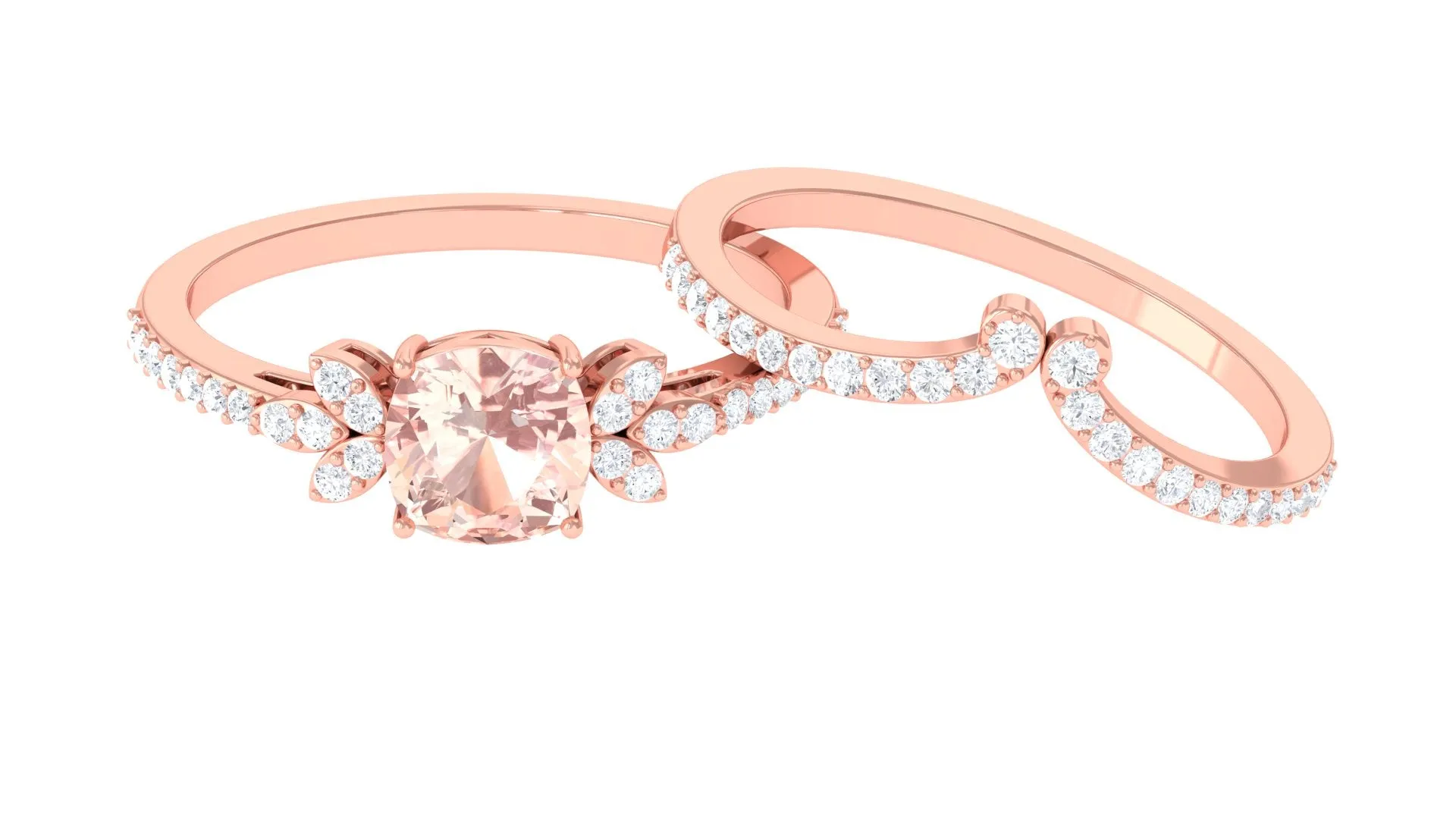 Cushion Cut Morganite and Diamond Bridal Ring Set