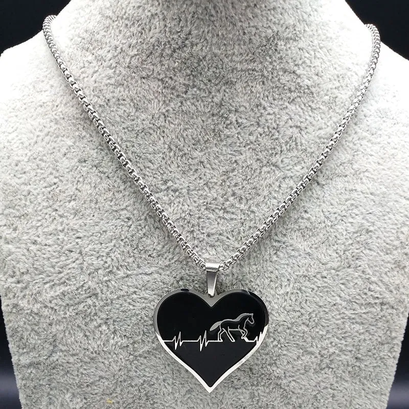 Fashion Horse Stainless Steel Choker Necklace for Men Silver Color Black Heart Necklace Jewelry colgante hombre N730S01