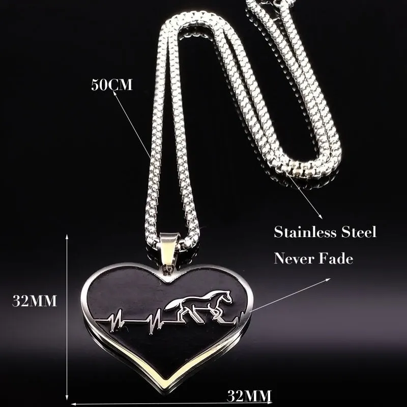 Fashion Horse Stainless Steel Choker Necklace for Men Silver Color Black Heart Necklace Jewelry colgante hombre N730S01