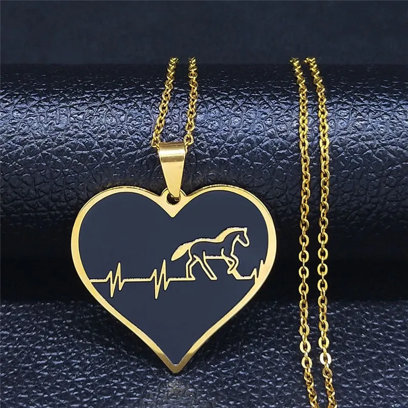 Fashion Horse Stainless Steel Choker Necklace for Men Silver Color Black Heart Necklace Jewelry colgante hombre N730S01
