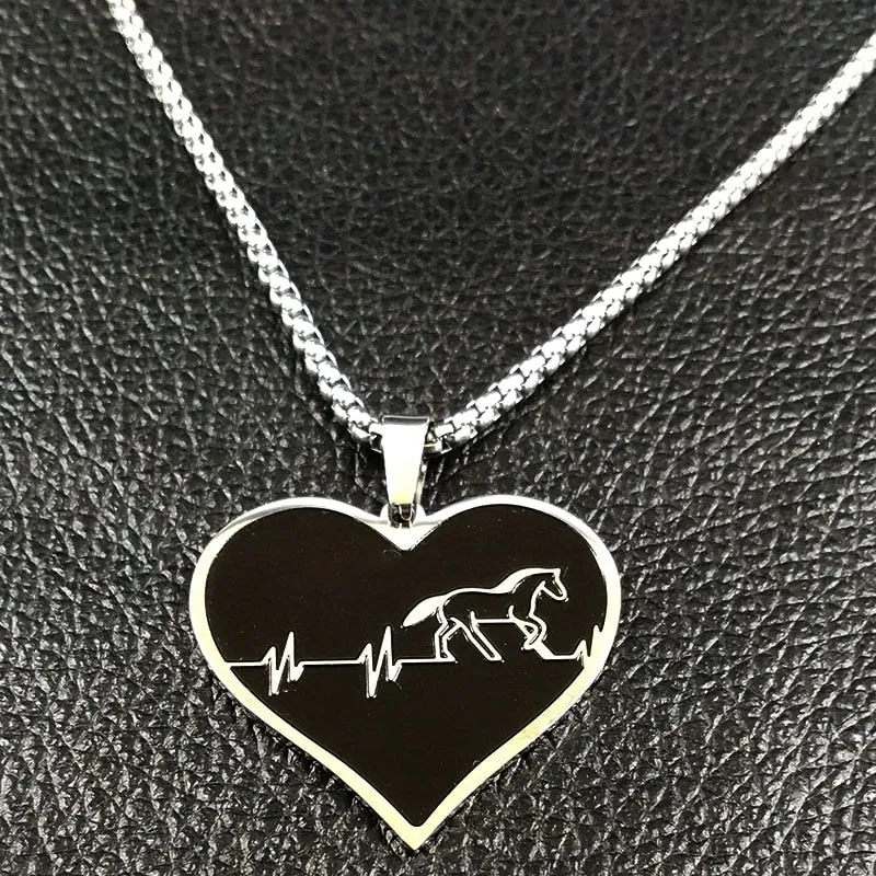 Fashion Horse Stainless Steel Choker Necklace for Men Silver Color Black Heart Necklace Jewelry colgante hombre N730S01