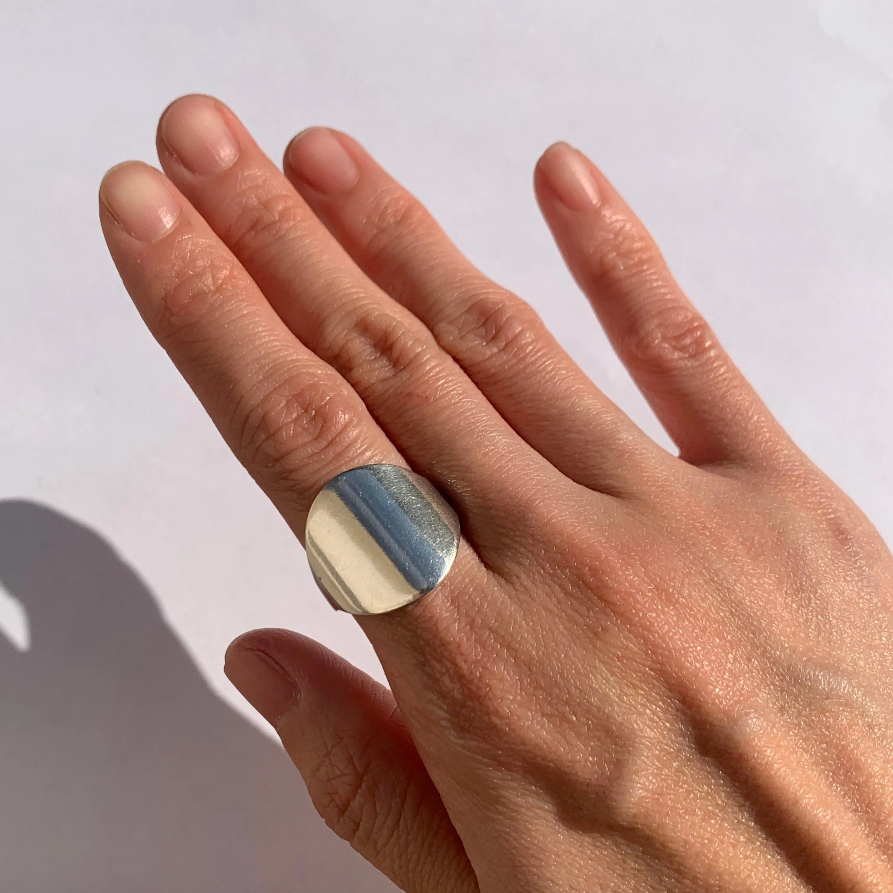 Flat Round Signet Ring - Silver Mirror Ring - Large Round Ring