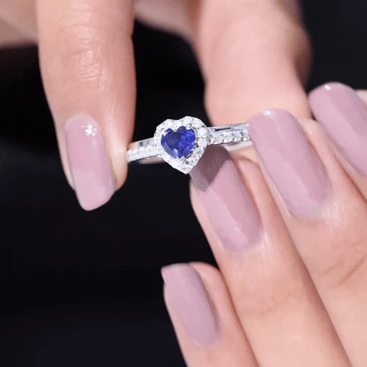 Heart Shaped Created Blue Sapphire Halo Engagement Ring