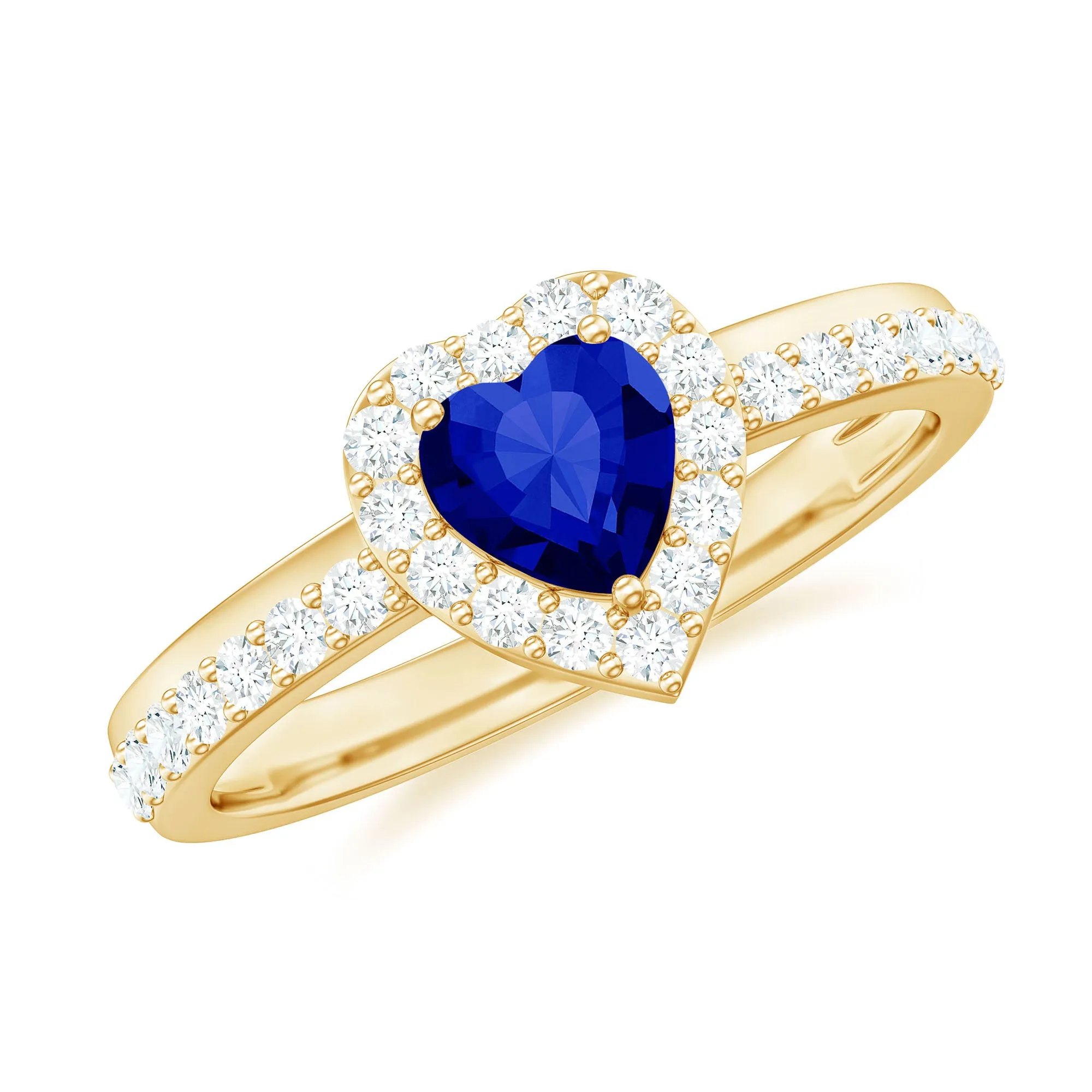 Heart Shaped Created Blue Sapphire Halo Engagement Ring