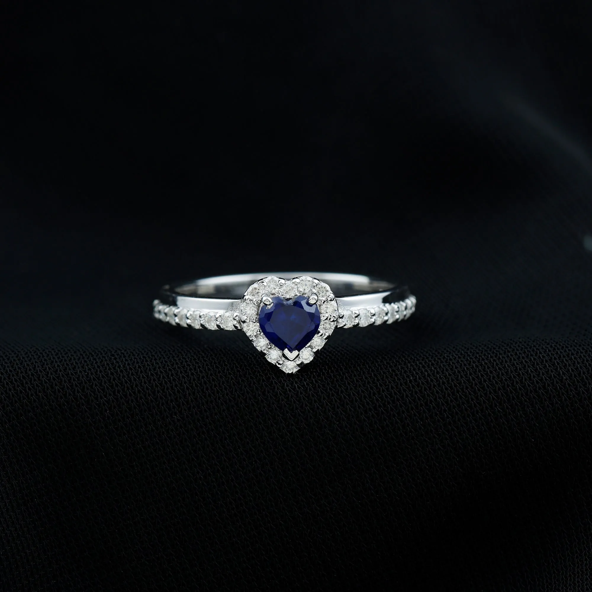 Heart Shaped Created Blue Sapphire Halo Engagement Ring