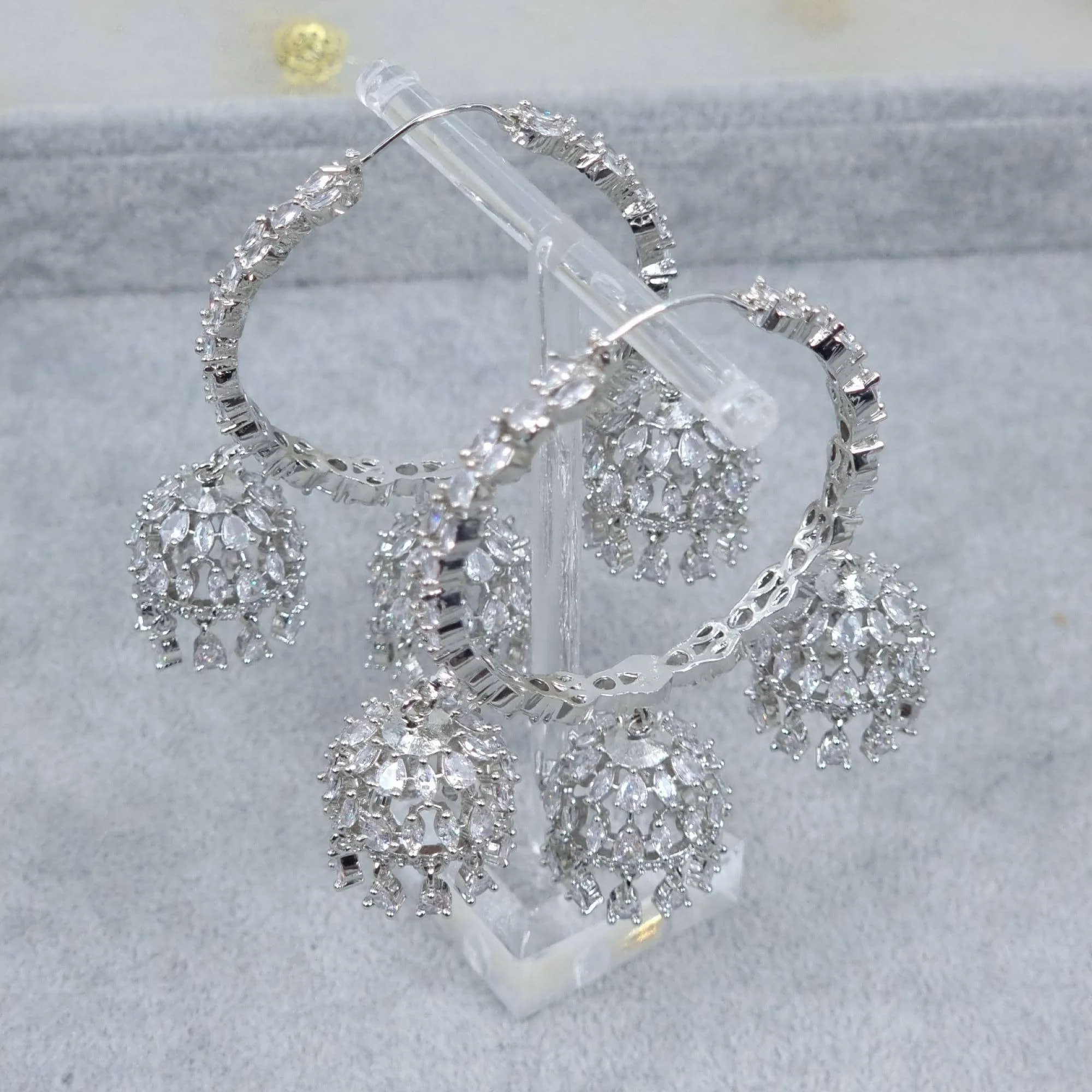 KANVAL Hoop triple drop AD Jhumki Earrings Silver