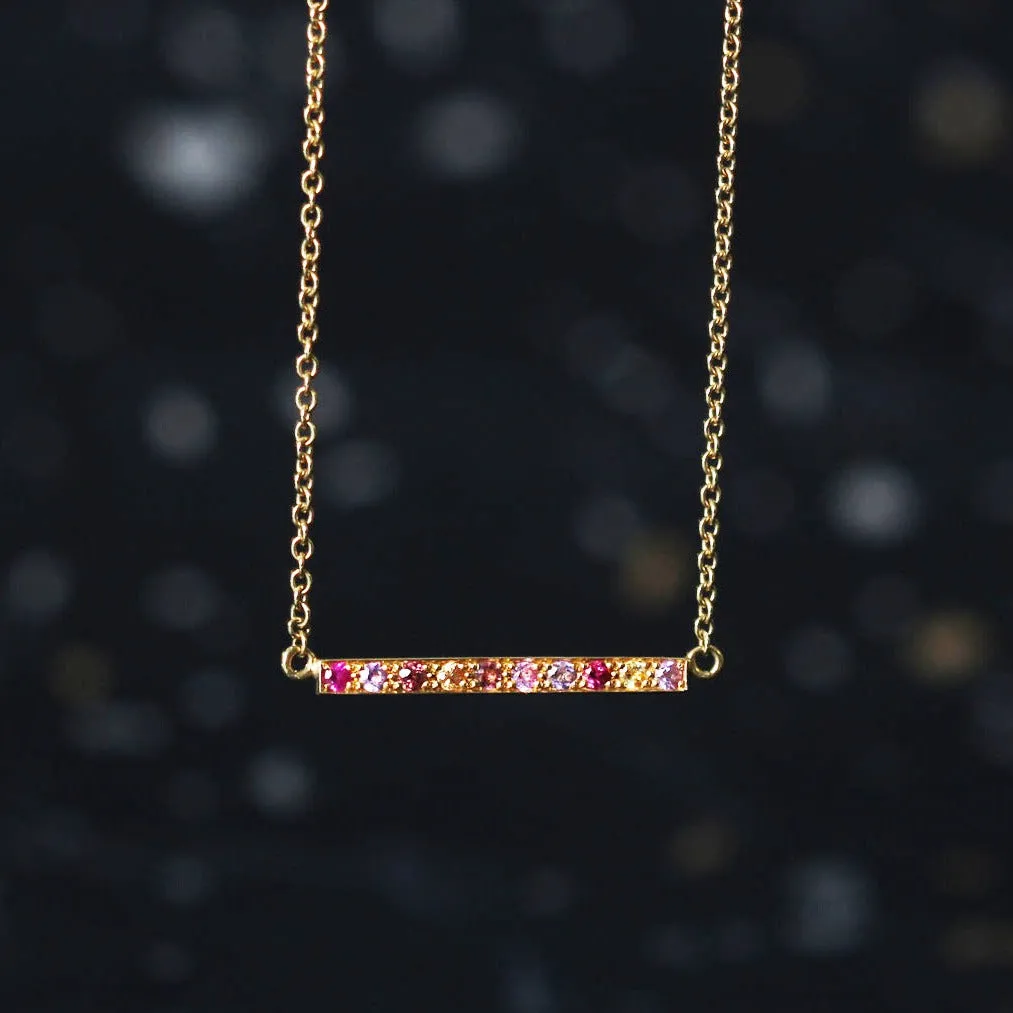 Long "Kaleidoscope" Gold Bar Necklace in Mixed Pink & Red Gemstones