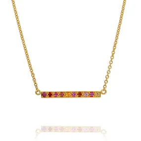 Long "Kaleidoscope" Gold Bar Necklace in Mixed Pink & Red Gemstones