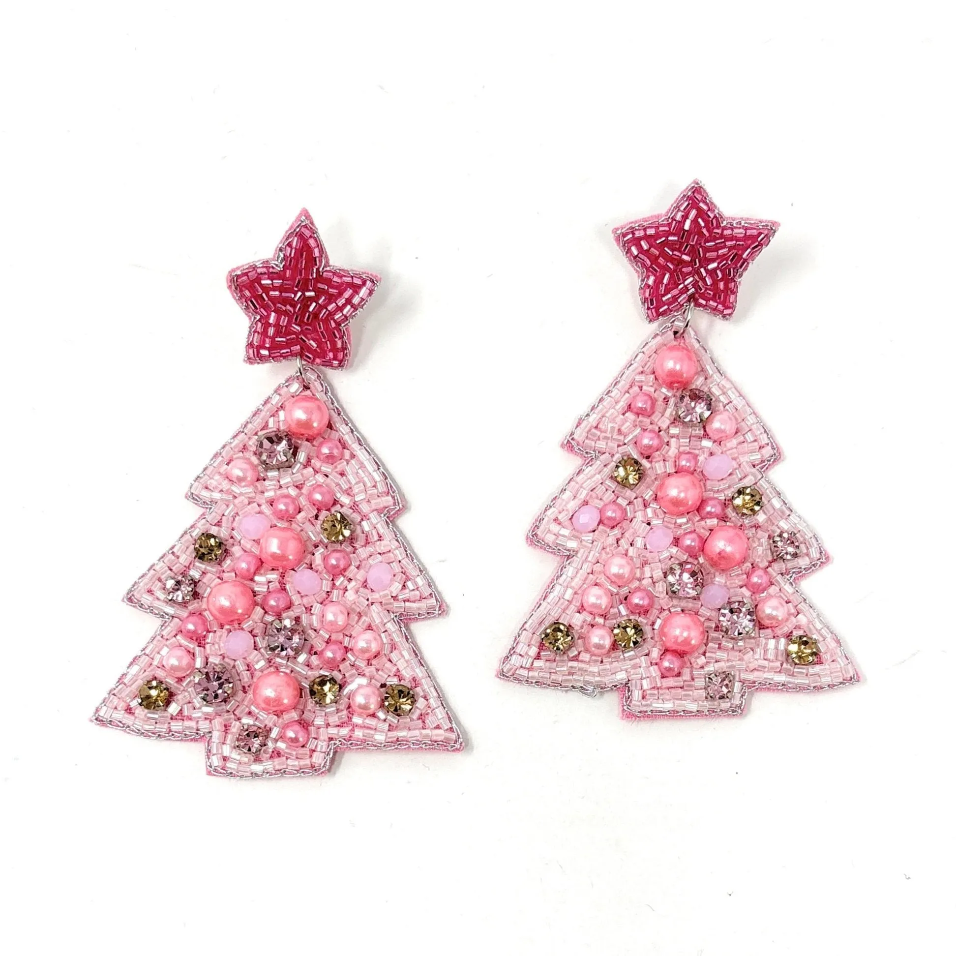Pink Christmas Tree Beaded Earrings