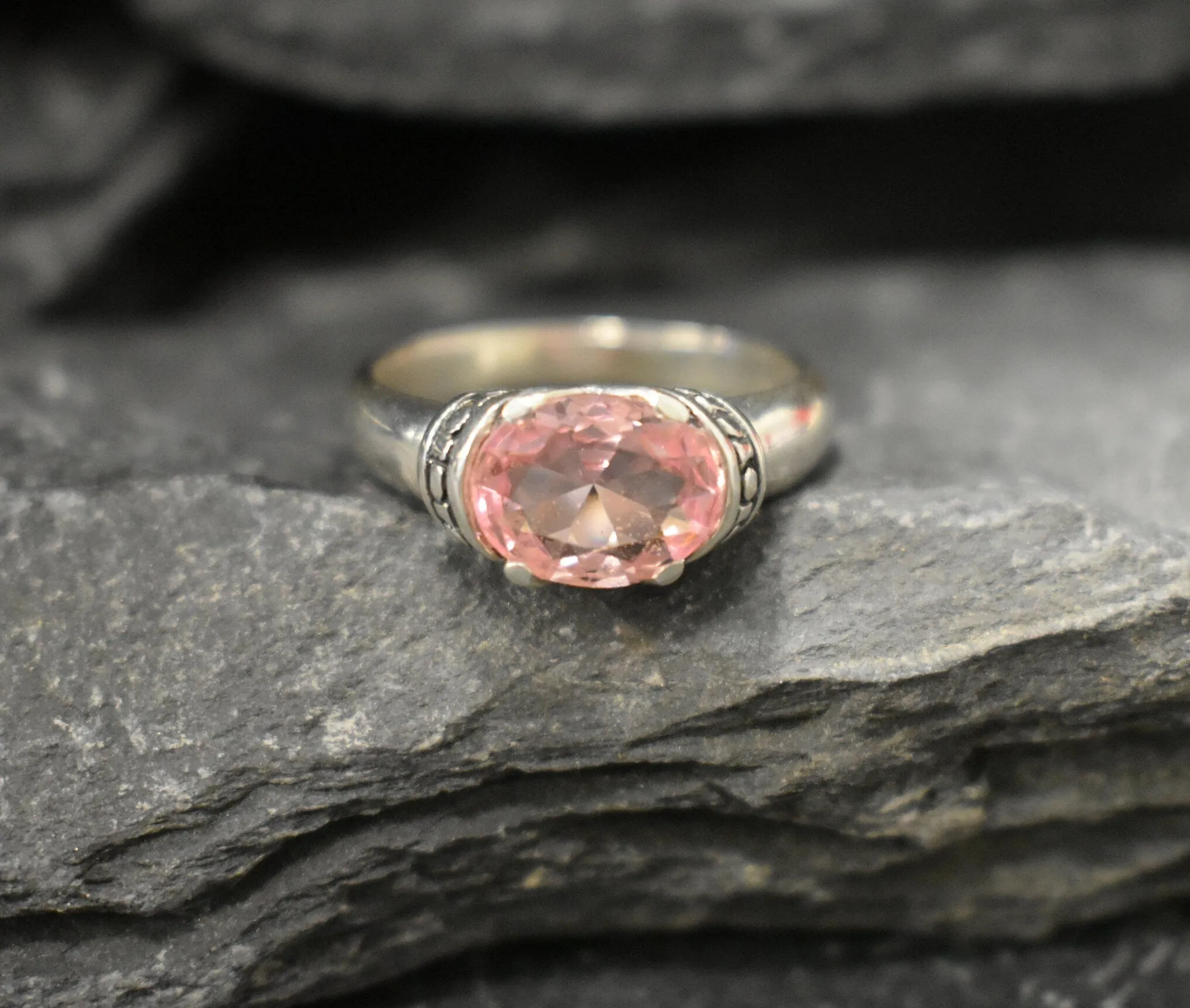 Pink Solitaire Ring - Morganite Boho Ring, Pink Tribal Ring