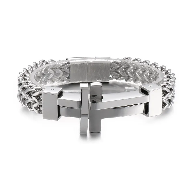 Stylish Men's Titanium Steel Chain Bracelet with Curved Cross Design for Rock Club Fashion