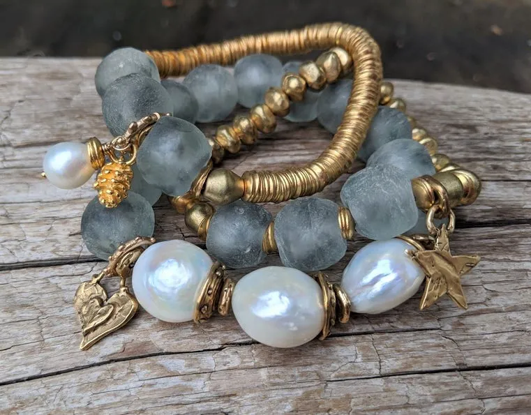 Three Large White Pearls & Gray Sea Glass Elastic Bracelet with Heart Charm