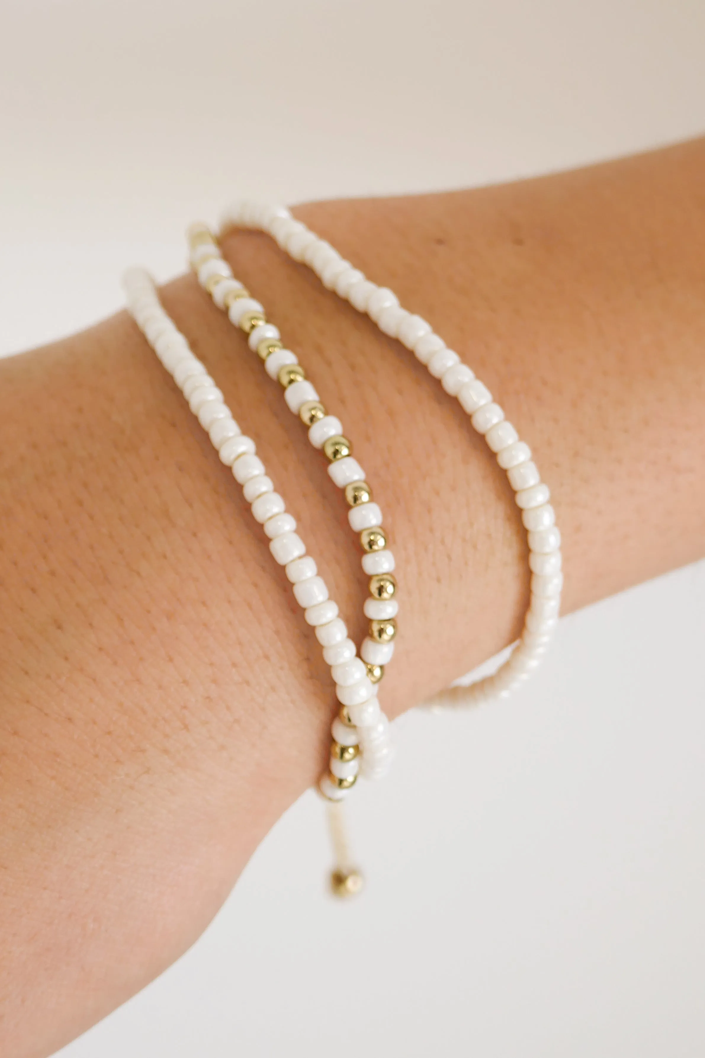 Triple Bead White Gold White Bracelet