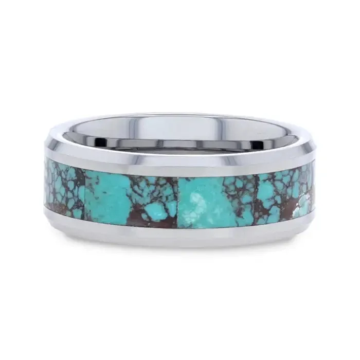 TURKIS Turquoise Spider Web Inlay Tungsten Carbide Ring With Beveled Polished Edges - 8mm